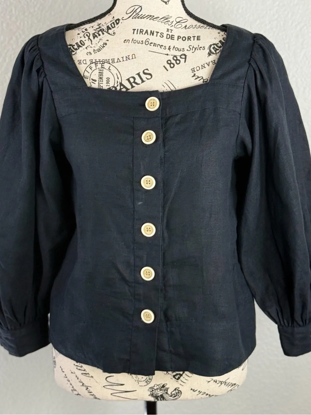 J.Crew Women’s Black 100% Linen Square Neck Puff Sleeve Button Up Blouse size XS